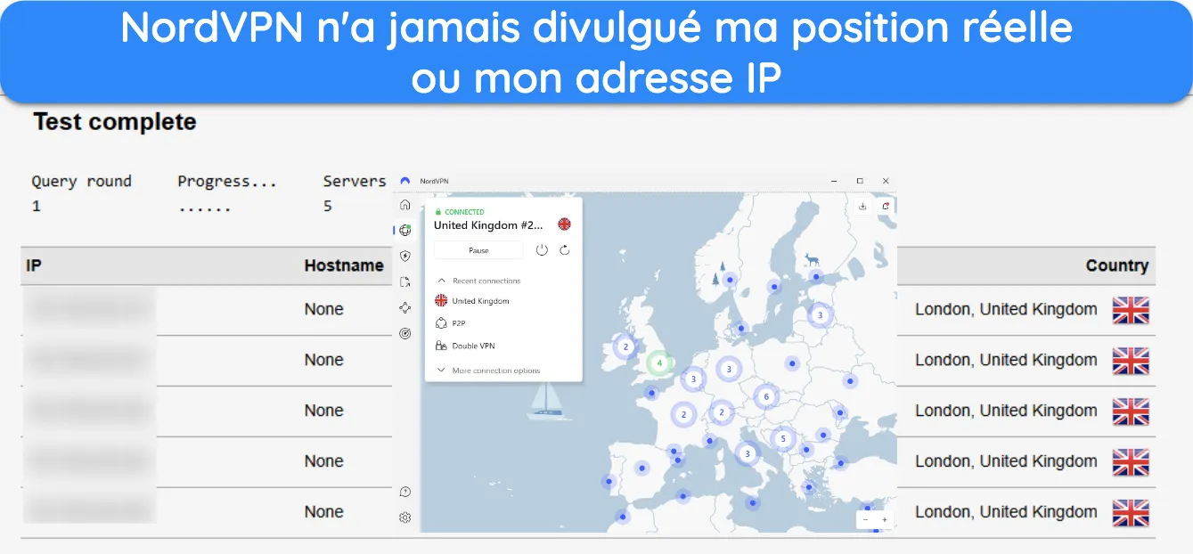 Capture d'écran d'un résultat de test de fuite lors de la connexion à NordVPN.