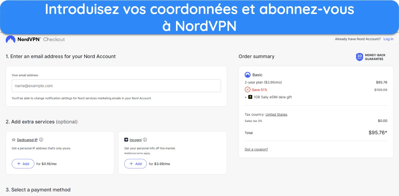 Capture d'écran montrant comment s'abonner à NordVPN après avoir choisi un forfait.