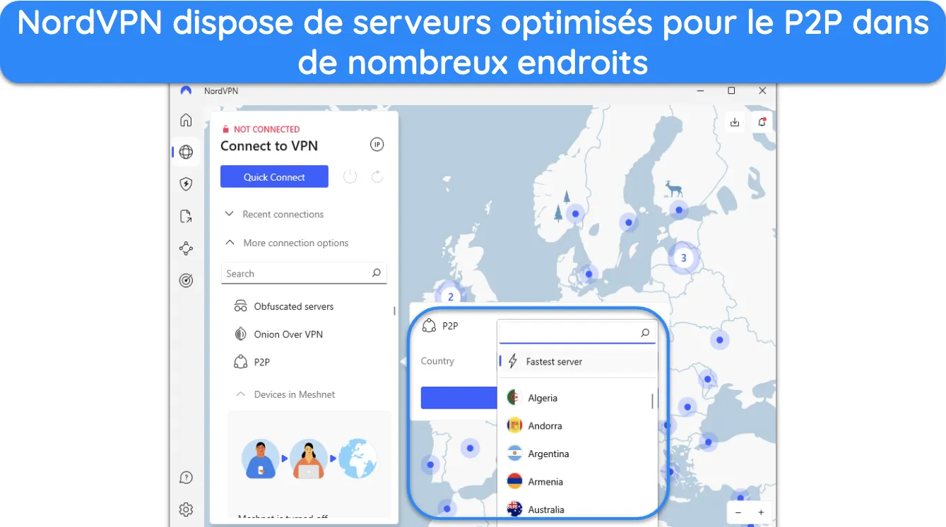 Capture d'écran montrant les pays où NordVPN propose des serveurs optimisés P2P.