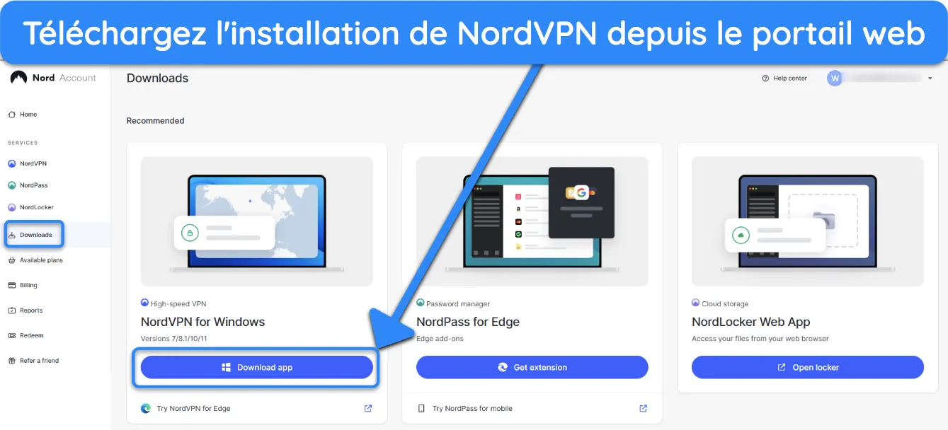 Capture d'écran montrant comment vous pouvez obtenir la configuration de NordVPN à partir de son portail Web.