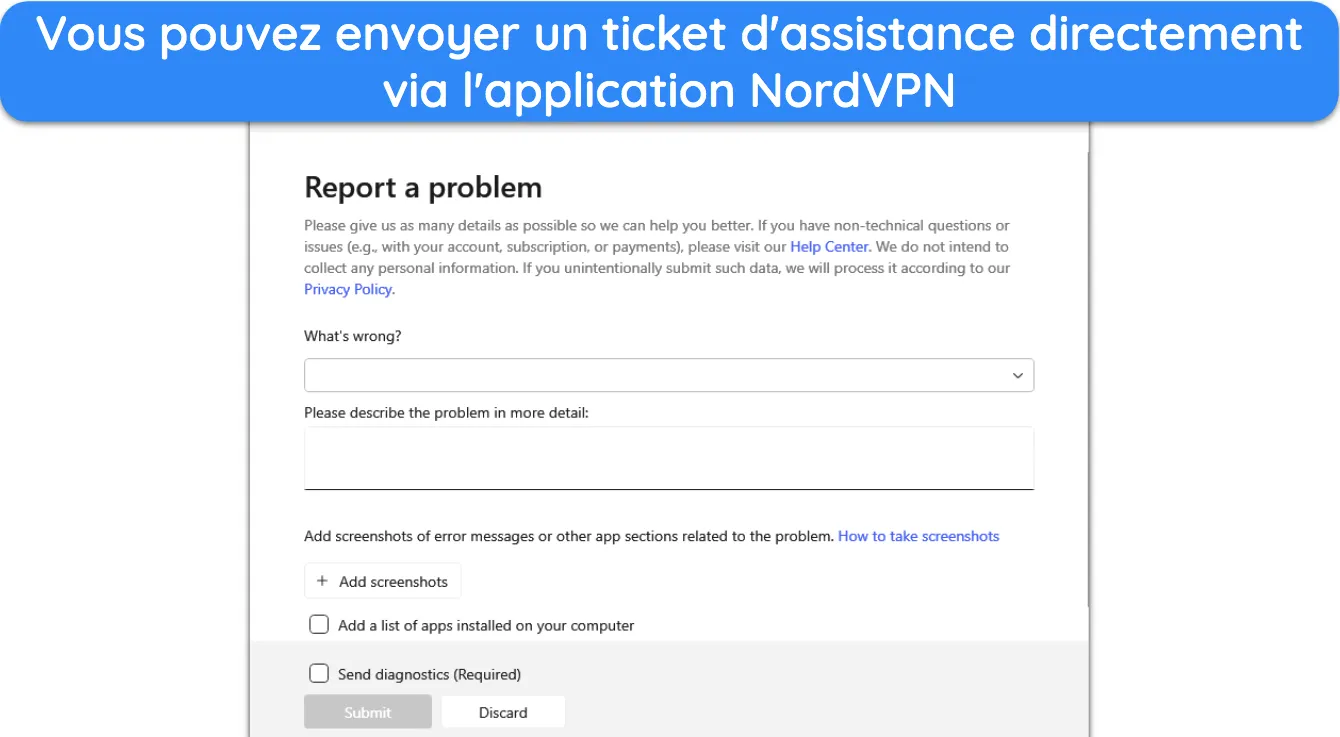 Capture d'écran de la fonction de billetterie disponible dans les applications de NordVPN.