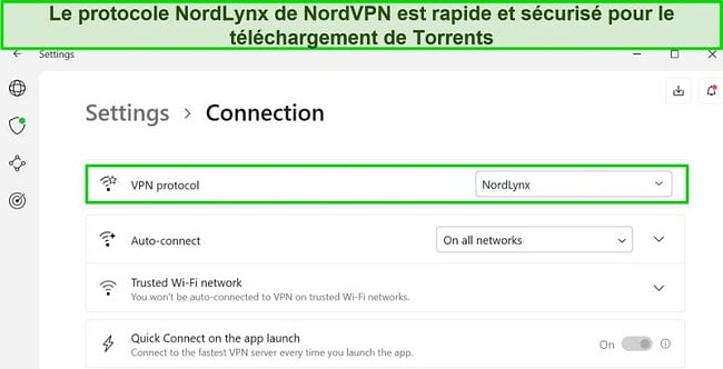 Capture d'écran de l'application Windows de NordVPN montrant le protocole NordLynx sélectionné