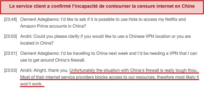 Capture d'écran de la réponse du support client concernant l'inefficacité de Hola VPN en Chine