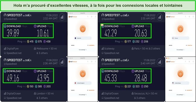 Capture d'écran des tests de vitesse du serveur sur Hola VPN