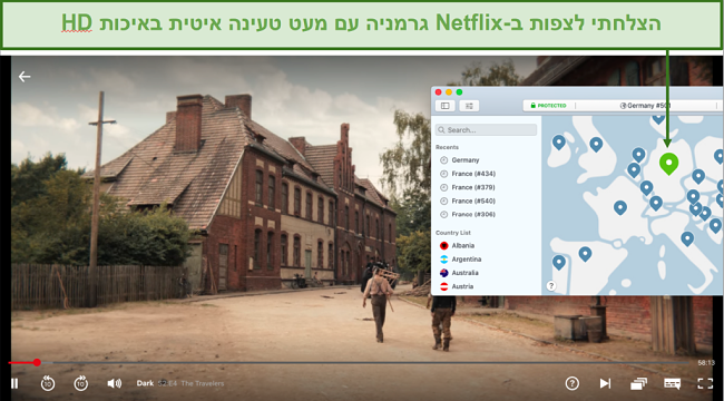 Screenshot of NordVPN unblocking Netflix Germany while playing Dark