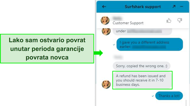 Snimka zaslona Surfshark chata uživo i zahtjeva za povrat novca