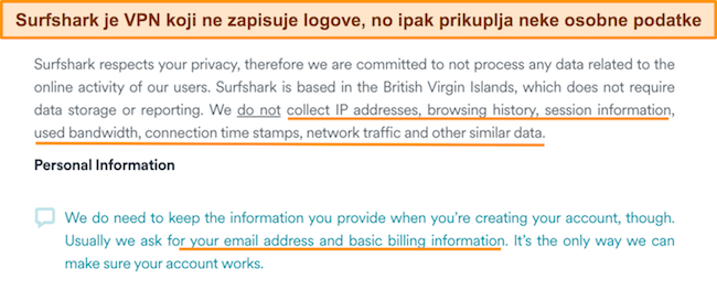Snimka zaslona Surfsharkove politike privatnosti
