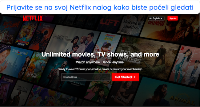 Snimka zaslona Netflixove stranice za prijavu