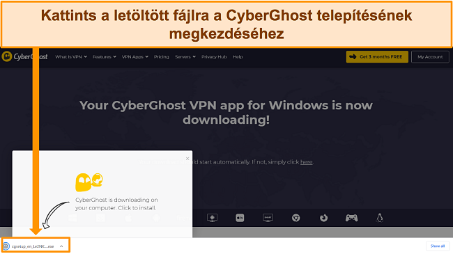 Képernyőkép a CyberGhost alkalmazás Windows-eszközre történő letöltéséről.