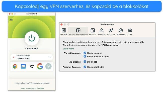Képernyőkép a kiszolgálóhoz csatlakoztatott ExpressVPN-ről és a Speciális védelem blokkolási lehetőségeiről