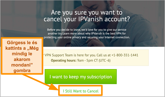 Képernyőkép az IPVanish lemondási megerősítéséről az asztalon