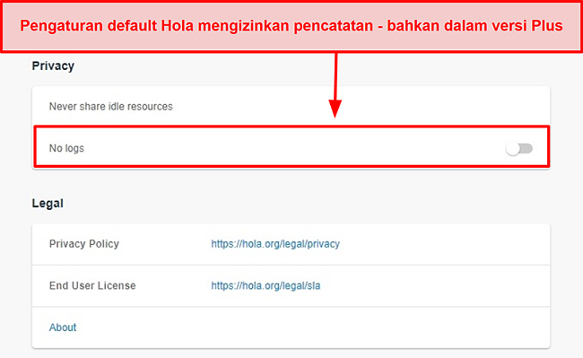 Tangkapan layar dari setelan tanpa pencatatan VPN Hola