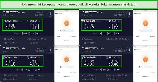 Cuplikan layar tes kecepatan server di Hola VPN