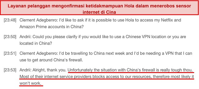 Cuplikan layar tanggapan dukungan pelanggan tentang inefisiensi Hola VPN di Cina