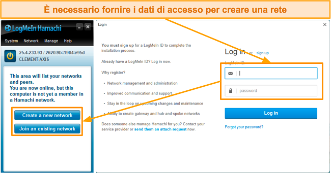 Screenshot dell'interfaccia di accesso e creazione della rete di LogMeIn Hamachi