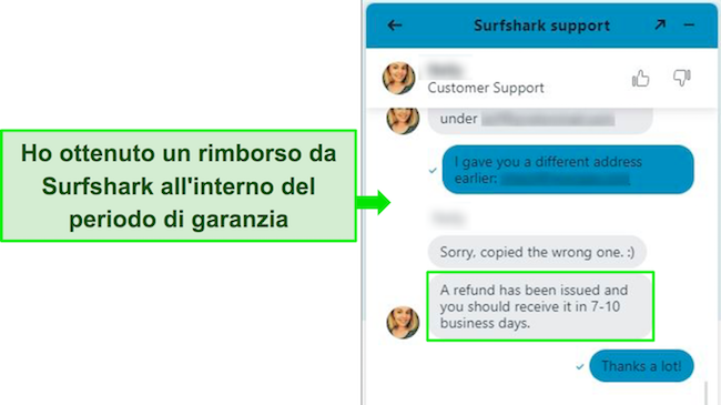 Screenshot della chat live di Surfshark e di una richiesta di rimborso