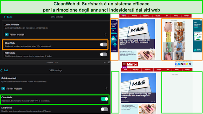 Screenshot del sito web del Daily Mail con la funzione CleanWeb di Surfshark che blocca tutti gli annunci