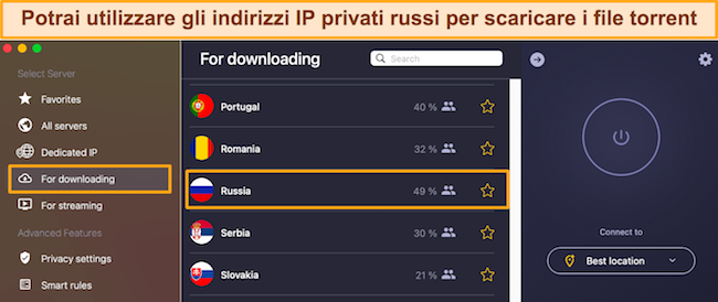 Screenshot dei server P2P di CyberGhost in Russia