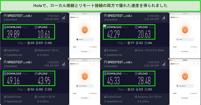 Hola VPN でのサーバー速度テストのスクリーンショット