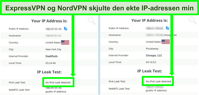 Skjermbilde som viser ingen IPv6-lekkasje oppdaget for både NordVPN og ExpressVPN