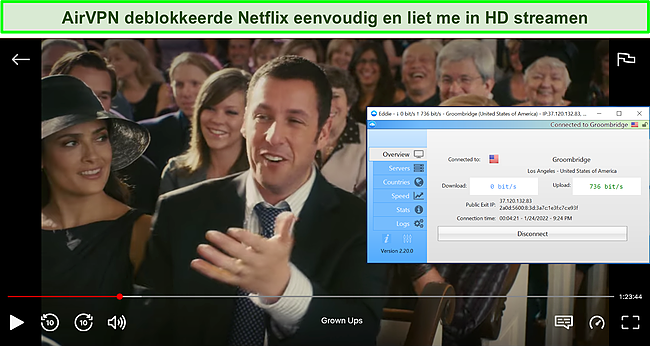 Screenshot van AirVPN die Amerikaanse Netflix deblokkeert.