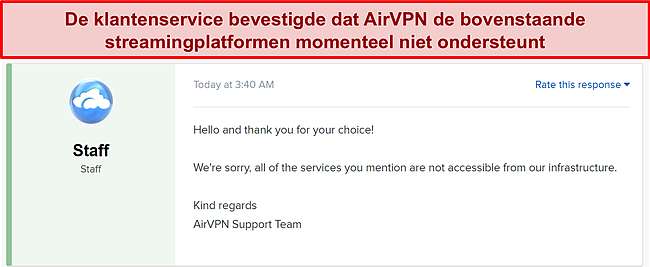 Screenshot dat bevestigt dat Netflix, Hulu, Hulu Plus, HBO Max en Amazon Prime Video niet worden ondersteund door AirVPN.
