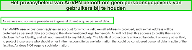 Screenshot van het privacybeleid van AirVPN.