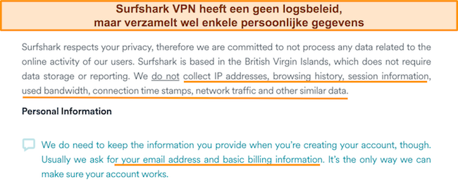 Screenshot van het privacybeleid van Surfshark