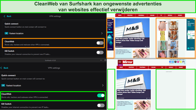 Schermafbeelding van de Daily Mail-website waarbij de CleanWeb-functie van Surfshark alle advertenties blokkeert