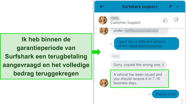 Screenshot van Surfshark livechat en een terugbetalingsverzoek