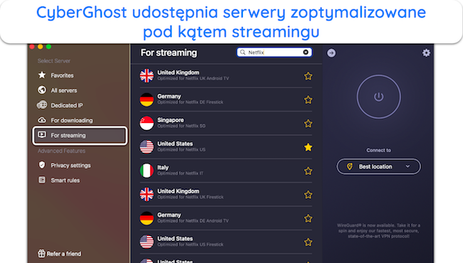 Zrzut ekranu zoptymalizowanych serwerów CyberGhost dla serwisu Netflix