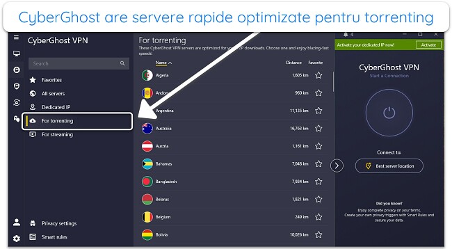 Captură de ecran a serverelor CyberGhost optimizate pentru torrent