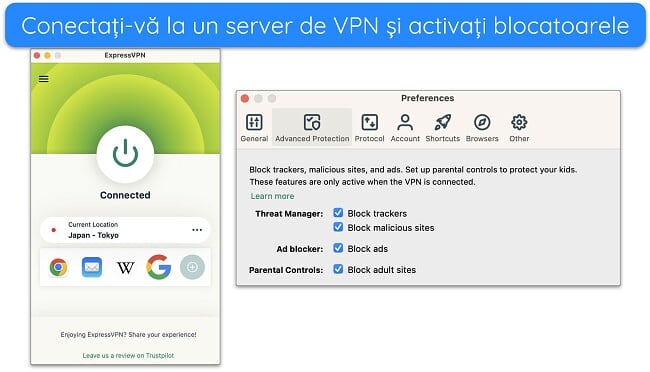 Captură de ecran cu ExpressVPN conectat la un server și opțiunile sale de blocare Advanced Protection
