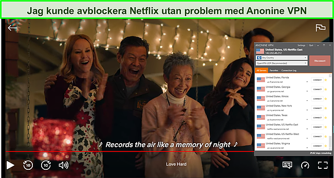 Skärmdump av Anonine VPN som avblockerar amerikanska Netflix.