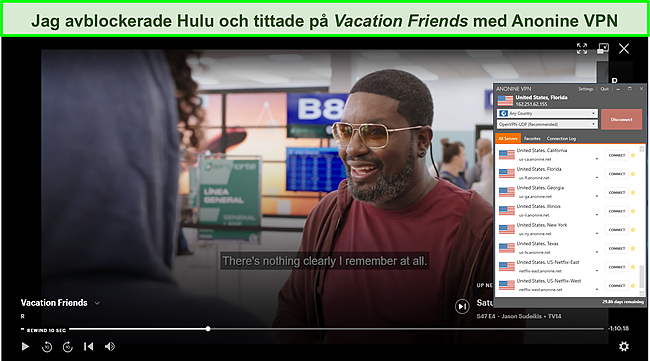 Skärmdump av Anonine VPN som avblockerar Hulu.