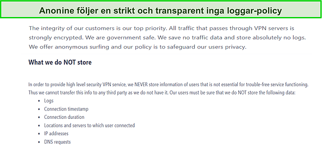 Skärmdump av utdraget av Anonine VPN no-log policy.