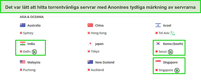 Skärmdump av servrar märkta som Anonine VPN torrent-ovänliga.