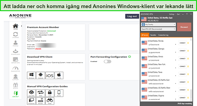 Skärmdump av Anonine VPN-installation och installation.