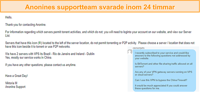 Skärmdump av min e-postkonversation med Anonines support.