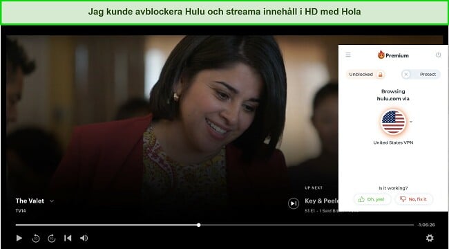 Skärmdump av Hola som avblockerar Hulu