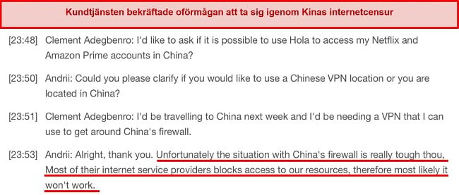 Skärmdump av kundsupportsvar om Hola VPN:s ineffektivitet i Kina