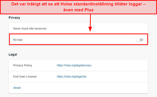 Skärmdump av Hola VPN: s inställningar för inga loggar