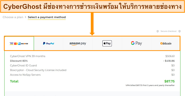 รับ CyberGhost ทดลองใช้ฟรี เลือกวิธีการชำระเงิน