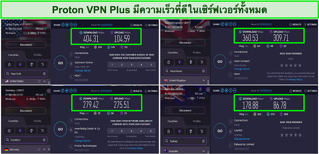 ภาพหน้าจอการทดสอบความเร็วของ Proton VPN แสดงเซิร์ฟเวอร์ในสหรัฐอเมริกา สหราชอาณาจักร เยอรมนี และออสเตรเลีย