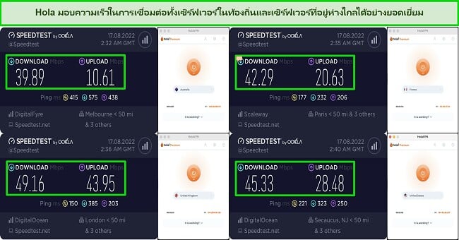 ภาพหน้าจอของการทดสอบความเร็วเซิร์ฟเวอร์บน Hola VPN