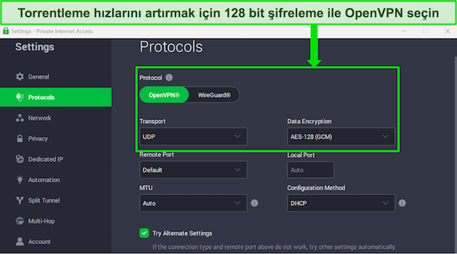 AES 128 bit şifrelemenin seçili olduğu PIA'nın Windows uygulamasının ekran görüntüsü