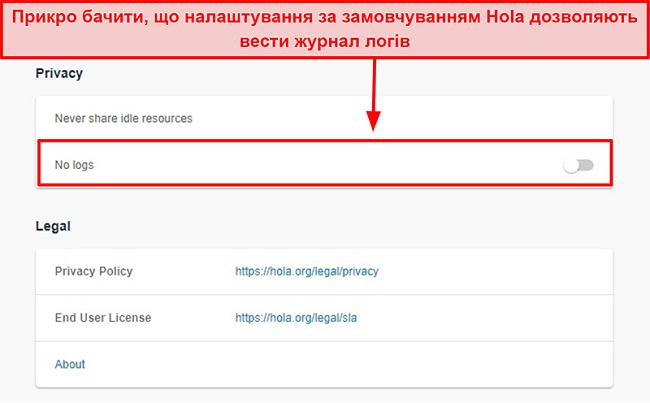 Знімок екрана Hola VPN не налаштовує журнали