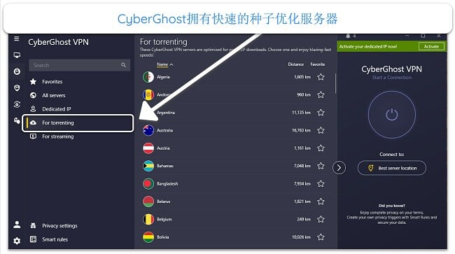 CyberGhost 的 torrent 优化服务器的屏幕截图