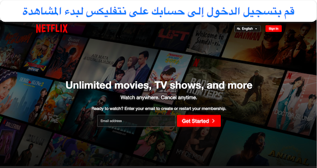 لقطة شاشة لصفحة تسجيل الدخول إلى Netflix