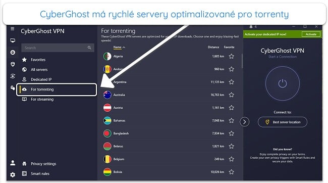 Snímek obrazovky serverů CyberGhost optimalizovaných pro torrent